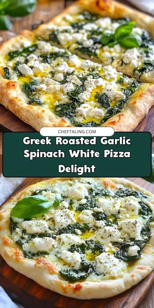 Discover the mouthwatering Greek Roasted Garlic Spinach White Pizza that redefines your pizza night! This healthier twist combines creamy ricotta, tangy feta, and earthy roasted garlic with vibrant spinach for a delightful flavor explosion. Perfect for any occasion, it's easy to make using pre-made crusts, making it a quick weeknight meal. Elevate your culinary skills and impress your family with this delicious, nutritious pizza! #WhitePizza #HealthyEating #MediterraneanDiet #PizzaNight #CookingAtHome #GourmetPizza #Foodie #HealthyRecipes