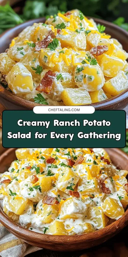 Discover the ultimate comfort food with our Creamy Ranch Potato Salad Delight! This recipe blends Yukon Gold potatoes, tangy sour cream, rich mayonnaise, and a zesty ranch dressing mix for a creamy, flavorful side dish. Perfect for summer barbecues, family gatherings, or any festive occasion, it’s a crowd-pleaser that will create lasting memories. Elevate your meals with fresh veggies and customizable add-ins for an unforgettable experience! #PotatoSalad #RanchDressing #ComfortFood #SummerRecipes #FamilyFavorites #Yummy