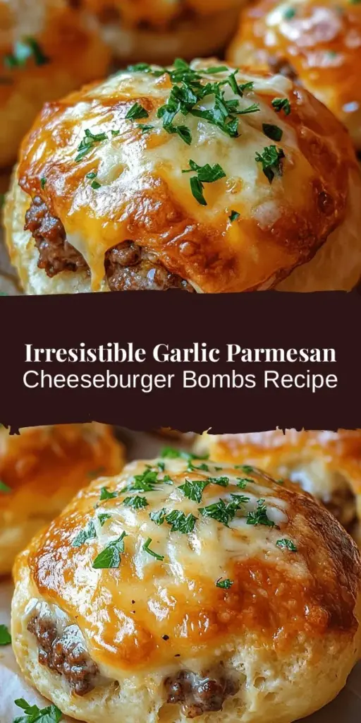 Discover the irresistible flavor fusion of Garlic Parmesan Cheeseburger Bombs! These bite-sized delights combine juicy cheeseburger goodness with flaky, buttery biscuit dough, creating a mouthwatering treat perfect for any occasion. Ideal for game day, movie nights, or casual snacking, these bombs are versatile and easy to customize with your favorite ingredients. Get ready to impress your guests and satisfy your cravings with this delicious recipe! #CheeseburgerBombs #ComfortFood #GameDaySnacks #Foodie #RecipeIdeas #Yummy