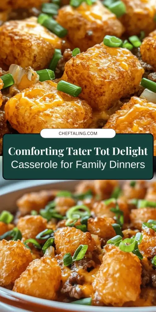 Transform your family dinners with Tater Tot Delight Casserole, a hearty combination of ground meat, savory veggies, and crispy tater tots baked in a creamy sauce. This easy-to-make dish is sure to please even the pickiest eaters and is perfect for gatherings or busy weeknights. Enjoy the rich flavors and comforting textures, making it a meal everyone will love. Share the warmth of this classic casserole today! #Casserole #TaterTots #ComfortFood #FamilyDinner