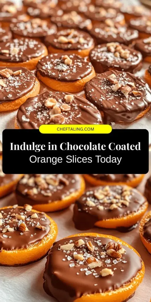 Treat yourself to a delightful snack with these chocolate-coated orange slices! This simple and delicious recipe combines the zesty sweetness of oranges with rich dark chocolate, making it perfect for any occasion. Packed with vitamin C and antioxidants, these guilt-free indulgences can be customized with toppings like nuts or coconut for added texture. Enjoy them as a festive dessert or a unique gift for loved ones. #ChocolateOrangeSlices #TreatYourself #HealthySnacking #DessertIdeas #CookingAtHome #GuiltFreeIndulgence