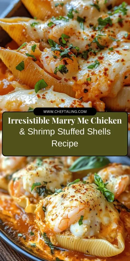 Discover the ultimate comfort food with Marry Me Chicken & Shrimp Stuffed Shells! This irresistible dish combines tender chicken and succulent shrimp, all wrapped in creamy ricotta and topped with gooey mozzarella. Perfect for family dinners or romantic nights in, it’s sure to impress everyone. Delight in every bite of this delicious meal that’s as easy to make as it is satisfying. #ComfortFood #ItalianRecipes #StuffedShells #DinnerInspiration #FoodieFavorites #RecipeOfTheDay