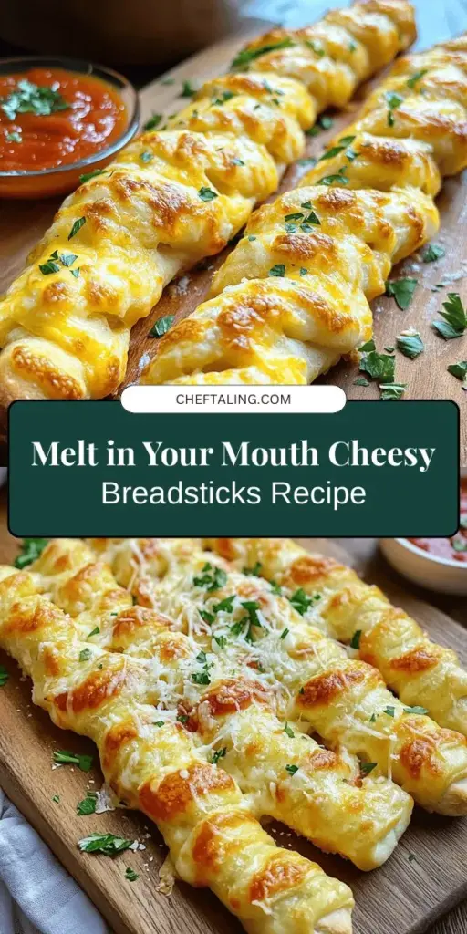 Discover the irresistible charm of homemade Cheesy Goodness Breadsticks! These warm, cheesy delights are a perfect addition to any meal or a delicious snack on their own. With gooey mozzarella, zesty Parmesan, and aromatic herbs, they create a mouthwatering experience that's hard to resist. Easy to make with just a handful of ingredients, they're sure to impress family and friends. Dive into the recipe today and elevate your mealtime! #CheesyBreadsticks #HomemadeGoodness #BakingJoy #ComfortFood #FamilyRecipes