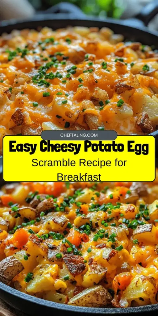 Elevate your breakfast game with a Cheesy Potato Egg Scramble! This delicious dish blends creamy scrambled eggs with crispy sautéed potatoes, offering a satisfying and customizable meal for any morning. Packed with nutrients from eggs, potatoes, and optional veggies, it's perfect for busy weekdays or leisurely brunches. Explore different cheeses and seasonings to make it your own. Enjoy comfort in every bite! #BreakfastIdeas #BrunchRecipes #CheesyEggs #PotatoScramble #HealthyEating #ComfortFood