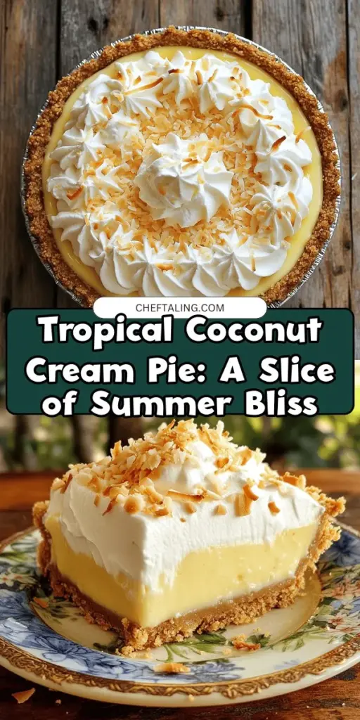 Indulge in the sweetness of summer with the Tropical Coconut Cream Pie Delight! This creamy dessert features a buttery graham cracker crust, a luscious coconut filling, and a cloud of whipped cream on top, making it a perfect treat for barbecues and family gatherings. Easy to make and incredibly delicious, this pie captures the essence of tropical flavors. Bring a slice of paradise to your table today! #CoconutCreamPie #SummerDesserts #EasyPieRecipe #TropicalFlavors #BakingJoy