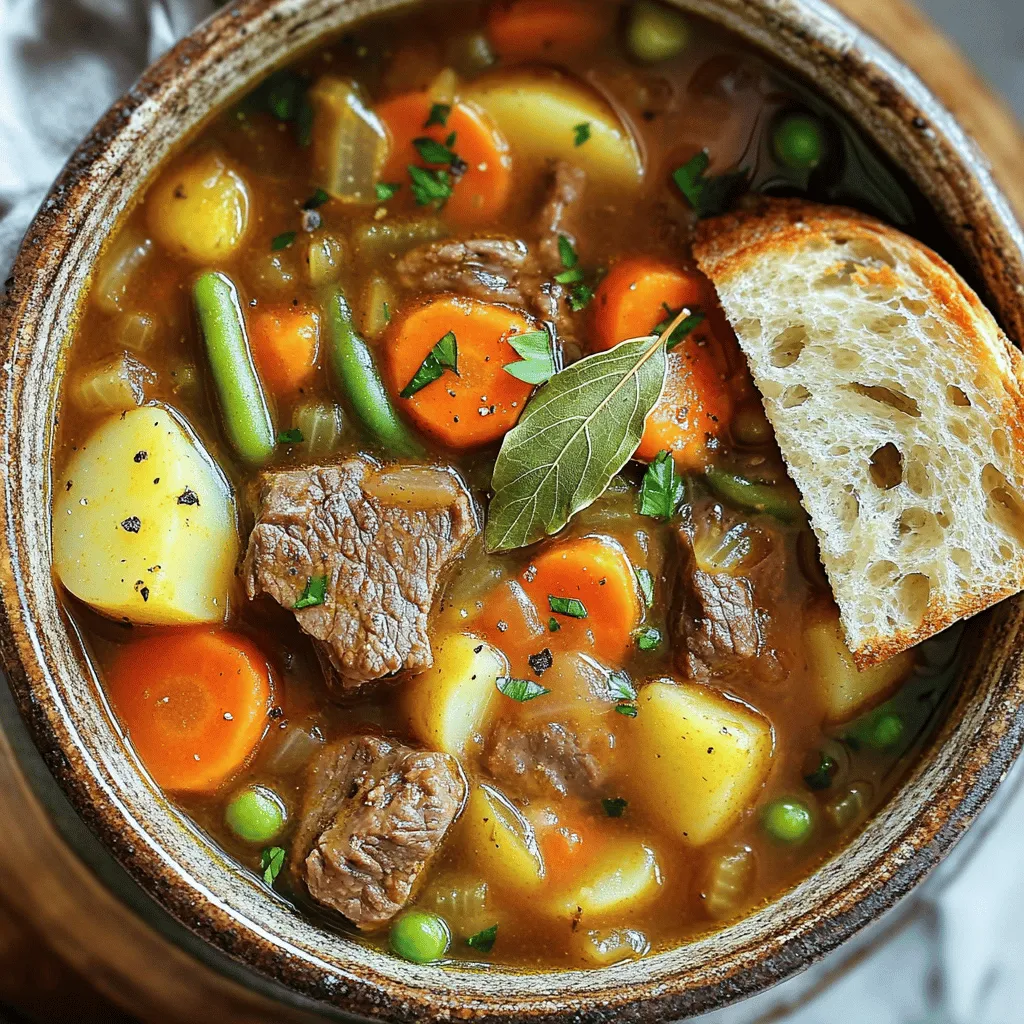 For a great vegetable beef soup recipe, you need key ingredients. Start with 1 lb of beef stew meat. This meat gives your soup a rich base. Cut it into small pieces for easy cooking.