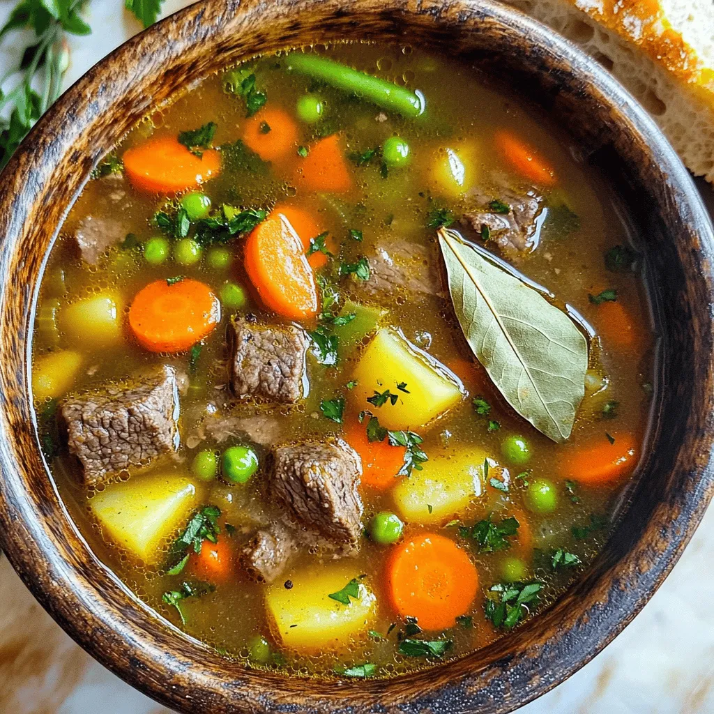 For a great vegetable beef soup recipe, you need key ingredients. Start with 1 lb of beef stew meat. This meat gives your soup a rich base. Cut it into small pieces for easy cooking.