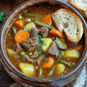 For a great vegetable beef soup recipe, you need key ingredients. Start with 1 lb of beef stew meat. This meat gives your soup a rich base. Cut it into small pieces for easy cooking.