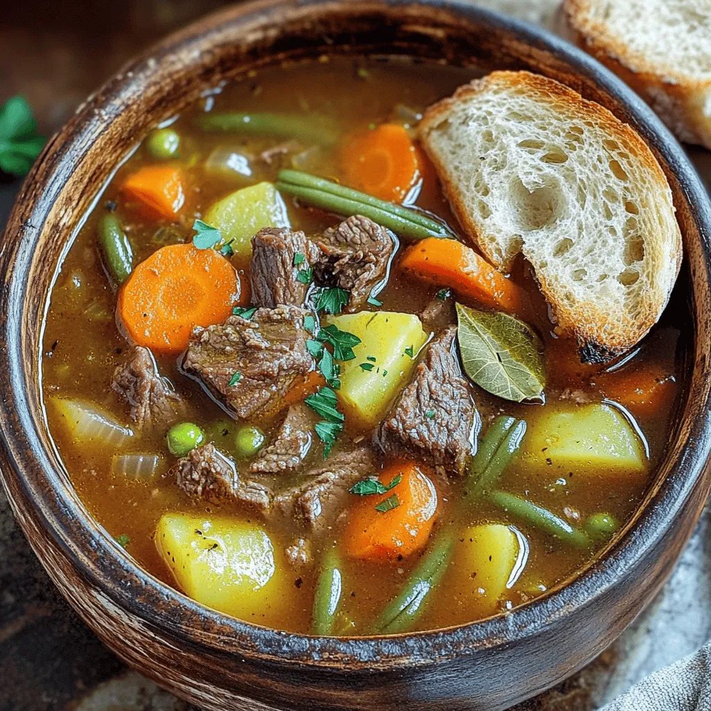 For a great vegetable beef soup recipe, you need key ingredients. Start with 1 lb of beef stew meat. This meat gives your soup a rich base. Cut it into small pieces for easy cooking.