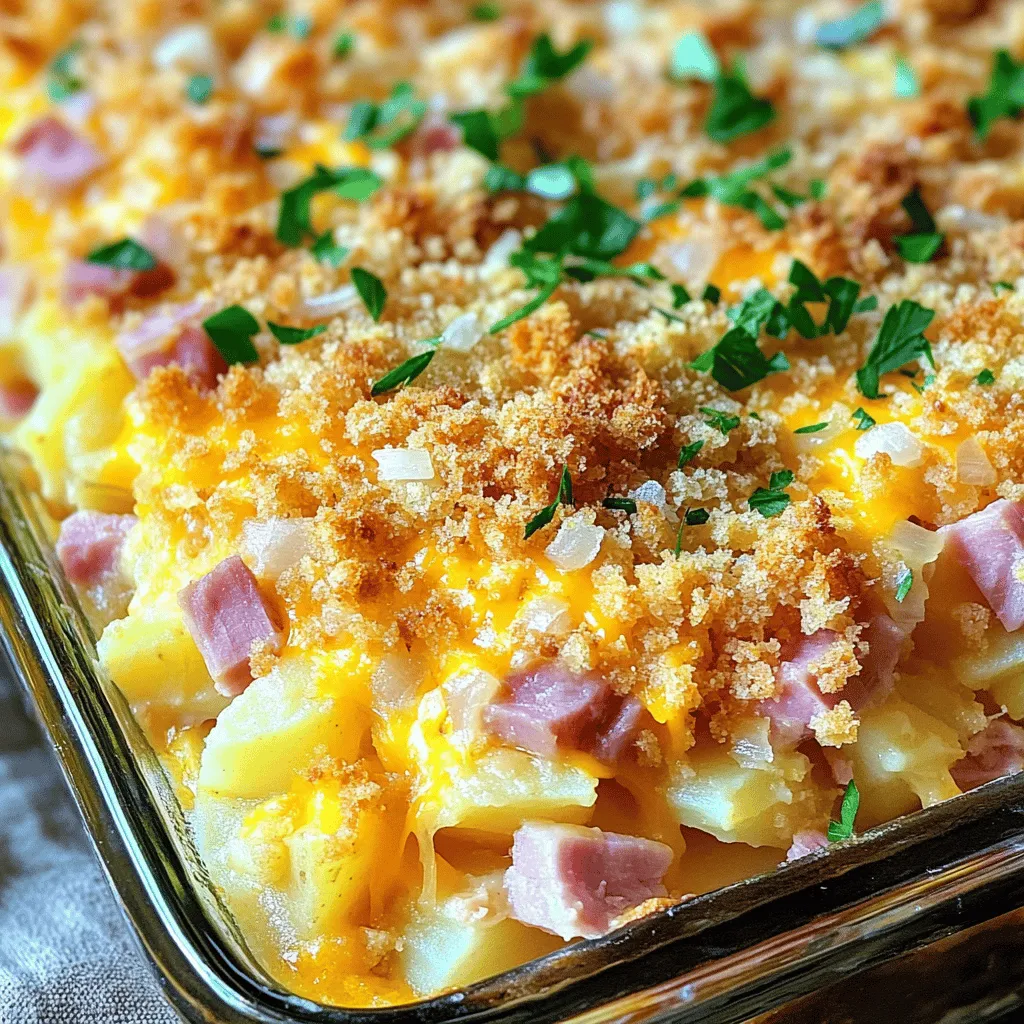 For a tasty ham and potato casserole, gather these key ingredients: - 4 cups of potatoes, peeled and sliced thin - 2 cups of cooked ham, diced - 1 cup of sharp cheddar cheese, shredded - 1 cup of sour cream - 1 cup of milk - 1 onion, finely chopped - 1 teaspoon of garlic powder - ½ teaspoon of black pepper - 1 teaspoon of salt - 1 cup of breadcrumbs - 2 tablespoons of melted butter - Fresh parsley for garnish