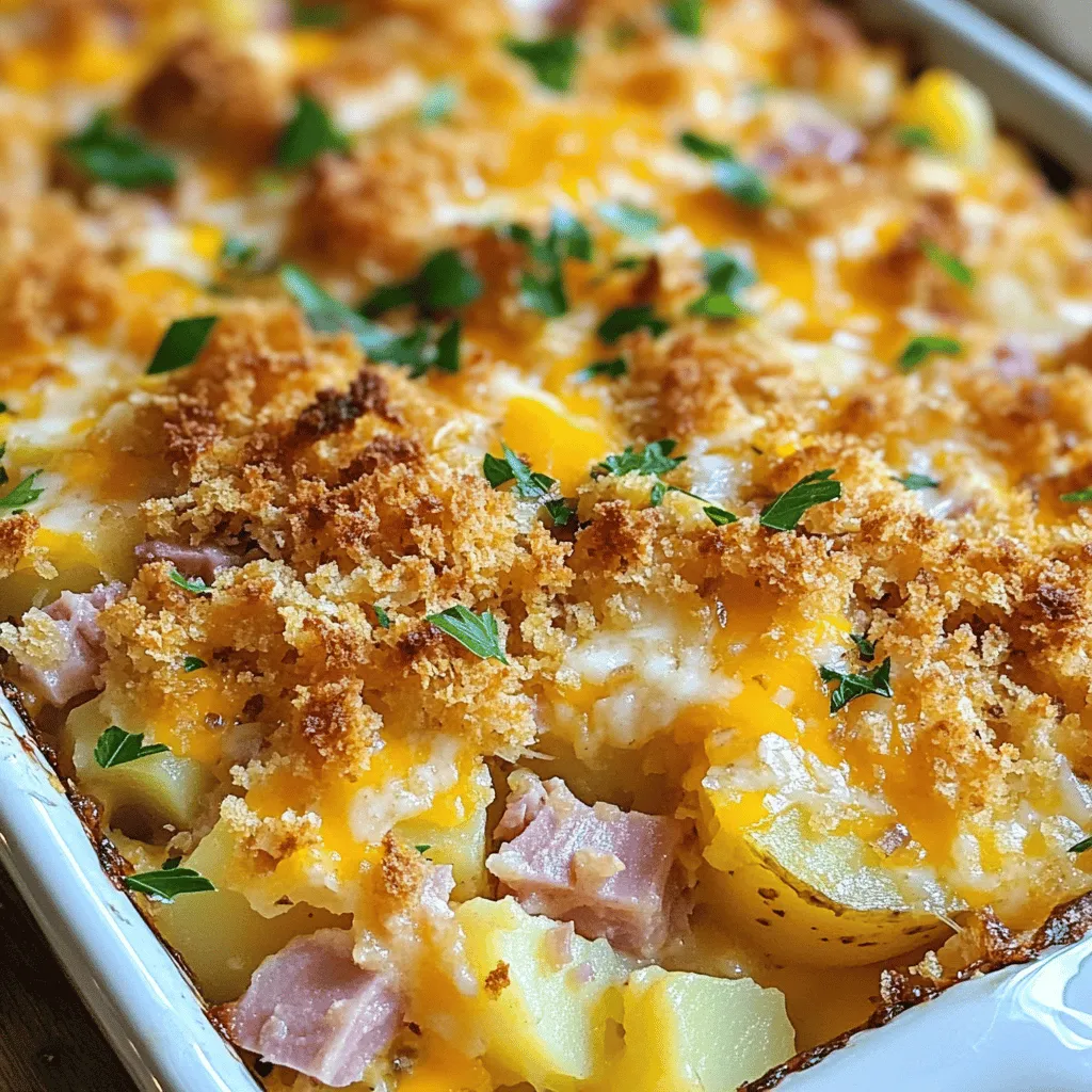 For a tasty ham and potato casserole, gather these key ingredients: - 4 cups of potatoes, peeled and sliced thin - 2 cups of cooked ham, diced - 1 cup of sharp cheddar cheese, shredded - 1 cup of sour cream - 1 cup of milk - 1 onion, finely chopped - 1 teaspoon of garlic powder - ½ teaspoon of black pepper - 1 teaspoon of salt - 1 cup of breadcrumbs - 2 tablespoons of melted butter - Fresh parsley for garnish