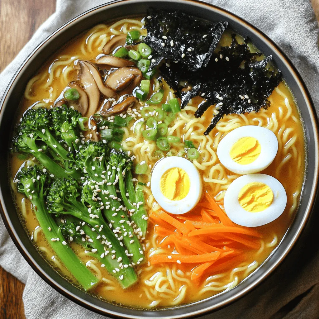 The base of any easy ramen recipe is the broth. I use vegetable broth for a rich flavor. Miso paste adds depth and umami to the dish. Fresh vegetables like shiitake mushrooms and broccolini provide texture and nutrition. Ramen noodles are the star, soaking up all the delicious broth.