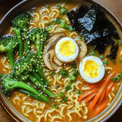 The base of any easy ramen recipe is the broth. I use vegetable broth for a rich flavor. Miso paste adds depth and umami to the dish. Fresh vegetables like shiitake mushrooms and broccolini provide texture and nutrition. Ramen noodles are the star, soaking up all the delicious broth.