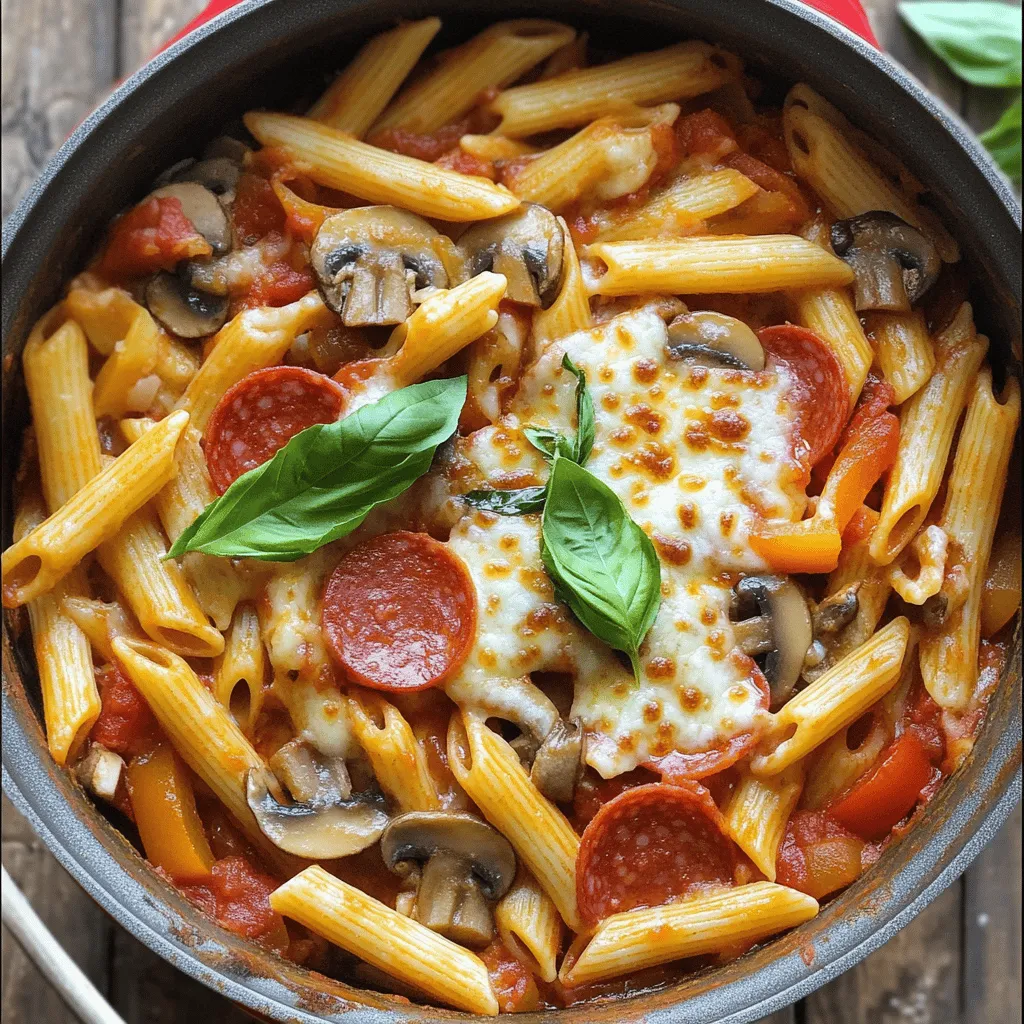 The main ingredients for one pot pizza pasta are simple and tasty. You need 12 ounces of penne pasta. This pasta cooks well and holds sauce nicely. Next, use two tablespoons of olive oil. It adds flavor and helps cook the veggies.