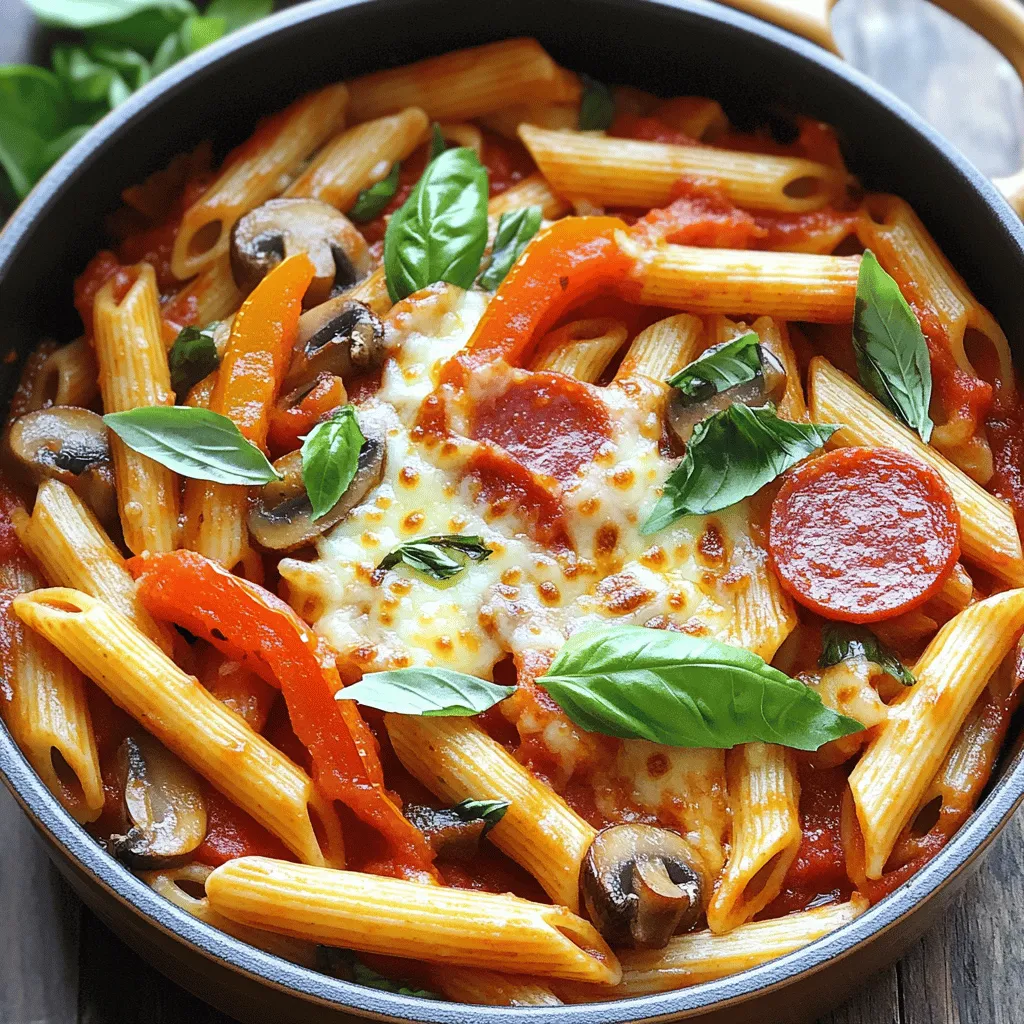 The main ingredients for one pot pizza pasta are simple and tasty. You need 12 ounces of penne pasta. This pasta cooks well and holds sauce nicely. Next, use two tablespoons of olive oil. It adds flavor and helps cook the veggies.