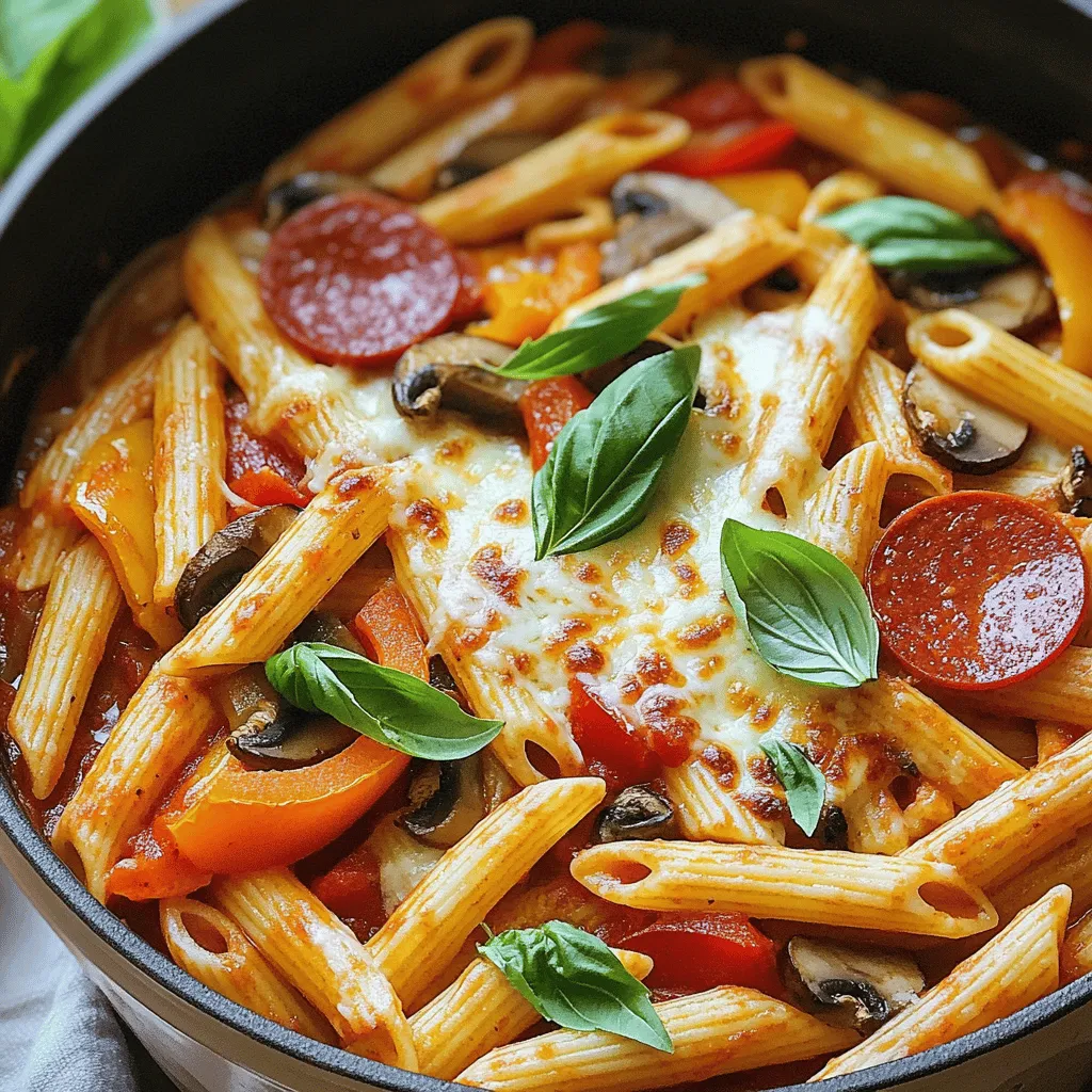 The main ingredients for one pot pizza pasta are simple and tasty. You need 12 ounces of penne pasta. This pasta cooks well and holds sauce nicely. Next, use two tablespoons of olive oil. It adds flavor and helps cook the veggies.