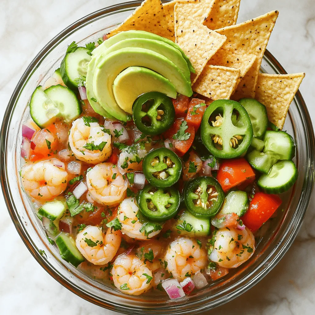 To make shrimp ceviche, you need fresh shrimp, lime juice, and crunchy veggies. The main shrimp ceviche ingredients are: