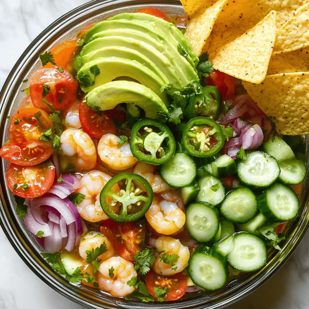 To make shrimp ceviche, you need fresh shrimp, lime juice, and crunchy veggies. The main shrimp ceviche ingredients are: