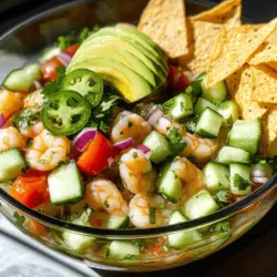 To make shrimp ceviche, you need fresh shrimp, lime juice, and crunchy veggies. The main shrimp ceviche ingredients are: