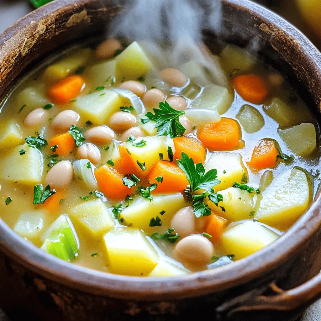 For a delicious potato and bean soup, you need some key ingredients. First, use 3 medium potatoes. I prefer Yukon Gold or Russet. These potatoes give a nice creamy texture. Next, add a can of cannellini beans. They are soft and blend well with the soup.