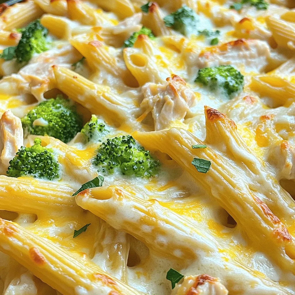 To make a tasty Chicken Alfredo Pasta Casserole, you need a few key ingredients. First, you will need cooked pasta. I like penne or rotini for this dish. Next, you'll want cooked chicken, which you can shred. Broccoli adds a nice crunch and color. Use either fresh or frozen broccoli florets.