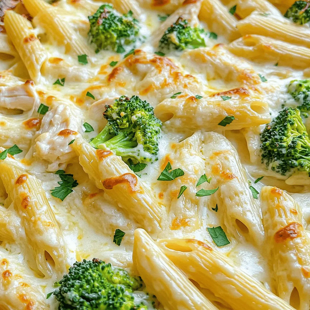 To make a tasty Chicken Alfredo Pasta Casserole, you need a few key ingredients. First, you will need cooked pasta. I like penne or rotini for this dish. Next, you'll want cooked chicken, which you can shred. Broccoli adds a nice crunch and color. Use either fresh or frozen broccoli florets.