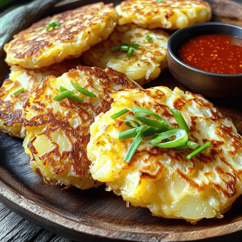 Korean cheesy potato pancakes are a tasty treat. They mix simple ingredients like potatoes, cheese, and scallions. This dish brings comfort and joy to many.