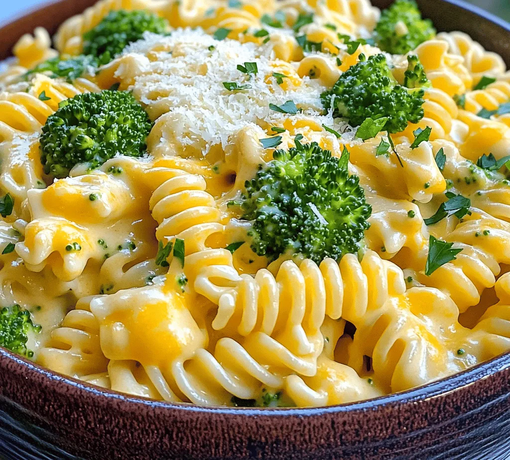 <strong>Fusilli Pasta: Why Choose This Shape?</strong>” /></p>
</p>
<h3>Combining Ingredients for a Harmonious Dish</h3>
</p>
<p>When it comes to preparing Cheesy Broccoli Bliss Pasta, the key lies in how you combine the pasta, broccoli, and sauce. Each element has a unique role to play in creating a dish that’s not just delicious but also visually appealing and nutritionally balanced.</p>
</p>
<h4>Best Practices for Mixing Pasta, Broccoli, and Sauce</h4>
</p>
<p>To achieve a harmonious blend of flavors and textures, it’s important to keep a few best practices in mind:</p>
</p>
<p>1. <strong>Timing Matters</strong>: Add the broccoli to the pot only a few minutes before the pasta is done cooking. This ensures the broccoli retains its bright green color, crisp texture, and nutritional benefits while also infusing the pasta with its flavors.</p>
</p>
<p>2. <strong>Reserve Pasta Water</strong>: Before draining the pasta, save about a cup of the starchy cooking water. This water can be used to adjust the consistency of your sauce, making it creamier and helping it cling better to the pasta and broccoli.</p>
</p>
<p>3. <strong>Toss Gently</strong>: Once the pasta and broccoli are cooked, return them to the pot off the heat. Pour in the cheese sauce and gently toss everything together to ensure even coating. If it feels too thick, gradually add the reserved pasta water until you reach your desired creaminess.</p>
</p>
<p>4. <strong>Taste and Adjust</strong>: After mixing, taste your dish. You may want to add more cheese for a richer flavor, a splash of lemon juice for brightness, or additional seasoning to enhance the overall taste.</p>
</p>
<h3>Finishing Touches</h3>
</p>
<p>Now that your pasta and broccoli are perfectly combined with the cheese sauce, it’s time to elevate your dish with some finishing touches.</p>
</p>
<h4>Topping with Parmesan: Elevating the Dish</h4>
</p>
<p>Grating fresh Parmesan cheese over your Cheesy Broccoli Bliss Pasta just before serving adds an extra layer of flavor and richness. Here’s how to do it effectively:</p>
</p>
<p>– <strong>Fresh Grate</strong>: Always opt for freshly grated Parmesan instead of pre-grated varieties. Fresh cheese melts better and has a more pronounced flavor.</p>
<p>– <strong>Generous Sprinkle</strong>: Don’t be shy about adding Parmesan. A generous sprinkle not only enhances the taste but also adds a beautiful finishing touch.</p>
</p>
<h4>Presentation Tips for a Beautiful Serving</h4>
</p>
<p>The way you present your dish can greatly enhance the dining experience. Here are some presentation tips for serving your Cheesy Broccoli Bliss Pasta:</p>
</p>
<p>1. <strong>Use Colorful Bowls</strong>: Serve your pasta in colorful bowls to make the vibrant greens of the broccoli pop against the creamy sauce.</p>
</p>
<p>2. <strong>Garnish</strong>: A sprinkle of freshly cracked black pepper or a handful of chopped fresh parsley or basil can add a touch of color and freshness.</p>
</p>
<p>3. <strong>Layering</strong>: For a more upscale presentation, layer the pasta and broccoli into the bowl, allowing the sauce to seep between the layers. This technique creates a visually appealing dish that looks as good as it tastes.</p>
</p>
<p>4. <strong>Serve with Sides</strong>: Consider pairing your pasta with a simple side salad or crusty bread to enhance the meal. A light vinaigrette or garlic butter on the bread can complement the creamy pasta beautifully.</p>
</p>
<h3>Nutritional Benefits: Why Cheesy Broccoli Bliss Pasta is a Smart Choice</h3>
</p>
<p>Cheesy Broccoli Bliss Pasta is not just a comforting dish; it also provides various nutritional benefits that make it a smart choice for your meals.</p>
</p>
<h4>Balancing Comfort with Nutrition</h4>
</p>
<p>Understanding the nutritional components of your dish can enhance your cooking experience.</p>
</p>
<p>– <strong>Understanding the Benefits of Broccoli</strong>: Broccoli is a nutritional powerhouse. It’s packed with vitamins C and K, fiber, and antioxidants. These nutrients contribute to overall health, supporting immune function and bone health, while the fiber aids in digestion.</p>
</p>
<p>– <strong>The Role of Whole Grains in a Healthy Diet</strong>: If you choose whole grain pasta, you’re incorporating complex carbohydrates into your meal, which provide sustained energy. Whole grains are also rich in fiber and can help regulate blood sugar levels, making them a healthier alternative to refined pasta options.</p>
</p>
<p>– <strong>Cheese: A Source of Calcium and Protein</strong>: While cheese adds richness and flavor, it also provides essential nutrients like calcium and protein. Calcium is crucial for bone health, while protein is vital for muscle repair and growth. Moderation is key, however, as cheese can be high in saturated fat and sodium.</p>
</p>
<h4>Portion Control: Enjoying Indulgence Responsibly</h4>
</p>
<p>With comfort food like Cheesy Broccoli Bliss Pasta, enjoying indulgence responsibly is important.</p>
</p>
<p>– <strong>Serving Sizes and Nutritional Considerations</strong>: A standard serving size is about one cup of pasta. When portioning, consider the overall balance of your meal. Pair your pasta with a side of vegetables or a salad to increase fullness without overdoing calorie intake.</p>
</p>
<p>– <strong>Mindful Eating</strong>: To truly enjoy your meal, practice mindful eating. Take your time to savor each bite, which can help you feel satisfied with smaller portions.</p>
</p>
<h3>Variations and Customizations: Making It Your Own</h3>
</p>
<p>One of the best aspects of Cheesy Broccoli Bliss Pasta is its versatility. Here are several ways you can customize it to suit your tastes or dietary needs.</p>
</p>
<h4>Exploring Alternate Pasta Types</h4>
</p>
<p>– <strong>Gluten-Free Options for Dietary Needs</strong>: If you or someone you’re serving has a gluten intolerance, consider using gluten-free pasta. Options made from brown rice, quinoa, or chickpeas can provide a similar texture while accommodating dietary restrictions.</p>
</p>
<p>– <strong>Whole Wheat Pasta: A Healthier Alternative</strong>: Whole wheat pasta is a fantastic alternative that adds extra fiber and nutrients. It has a nuttier flavor and denser texture, making it a great choice for those looking for a healthier option without sacrificing taste.</p>
</p>
<h4>Adding Protein: Enhancing the Dish</h4>
</p>
<p>Enhancing your Cheesy Broccoli Bliss Pasta with protein can make it more filling and nutritious.</p>
</p>
<p>– <strong>Chicken, Shrimp, or Tofu: Versatile Protein Additions</strong>: Grilled chicken or shrimp can bring a delightful protein boost. For a vegetarian or vegan option, consider adding cubed tofu, which absorbs flavors well and adds creaminess to the dish.</p>
</p>
<p>– <strong>How to Incorporate Protein</strong>: Sauté your protein of choice separately and mix it in with the pasta just before serving. This method ensures that the protein stays tender and flavorful.</p>
</p>
<h4>Experimenting with Cheese Varieties</h4>
</p>
<p>While traditional recipes often call for cheddar or Parmesan, experimenting with different cheeses can elevate the dish’s flavor profile.</p>
</p>
<p>– <strong>Trying Different Cheeses for Unique Flavors</strong>: Consider using a combination of cheeses like gouda for smokiness, mozzarella for stretchiness, or feta for a salty punch. Each cheese can add a unique twist to the dish, making it exciting every time you prepare it.</p>
</p>
<h4>Incorporating Seasonal Vegetables</h4>
</p>
<p>Taking advantage of seasonal vegetables not only enhances nutrition but also adds color and flavor to your dish.</p>
</p>
<p>– <strong>Creative Additions Based on Availability</strong>: Depending on the season, feel free to add ingredients like asparagus in spring, zucchini in summer, or roasted butternut squash in fall. These vegetables can be blanched or roasted before being mixed into your pasta for added depth.</p>
</p>
<h3>Conclusion: Embracing the Joy of Homemade Comfort Food</h3>
</p>
<p>Cheesy Broccoli Bliss Pasta is more than just a meal; it’s an experience that brings people together around the table. With its creamy texture, vibrant colors, and rich flavors, it epitomizes comfort food at its best. By understanding the ingredients, following the step-by-step instructions, and appreciating the nutritional aspects, you can create a dish that not only satisfies hunger but also nourishes the body and soul.</p>
</p>
<p>Whether enjoyed on a busy weeknight or served at a gathering, this pasta dish is sure to delight everyone who tries it. Embrace the joy of homemade cooking and the comfort that comes with sharing a delicious meal with loved ones. The Cheesy Broccoli Bliss Pasta is a testament to the beauty of simple ingredients coming together to create something truly memorable.</p>
</div>