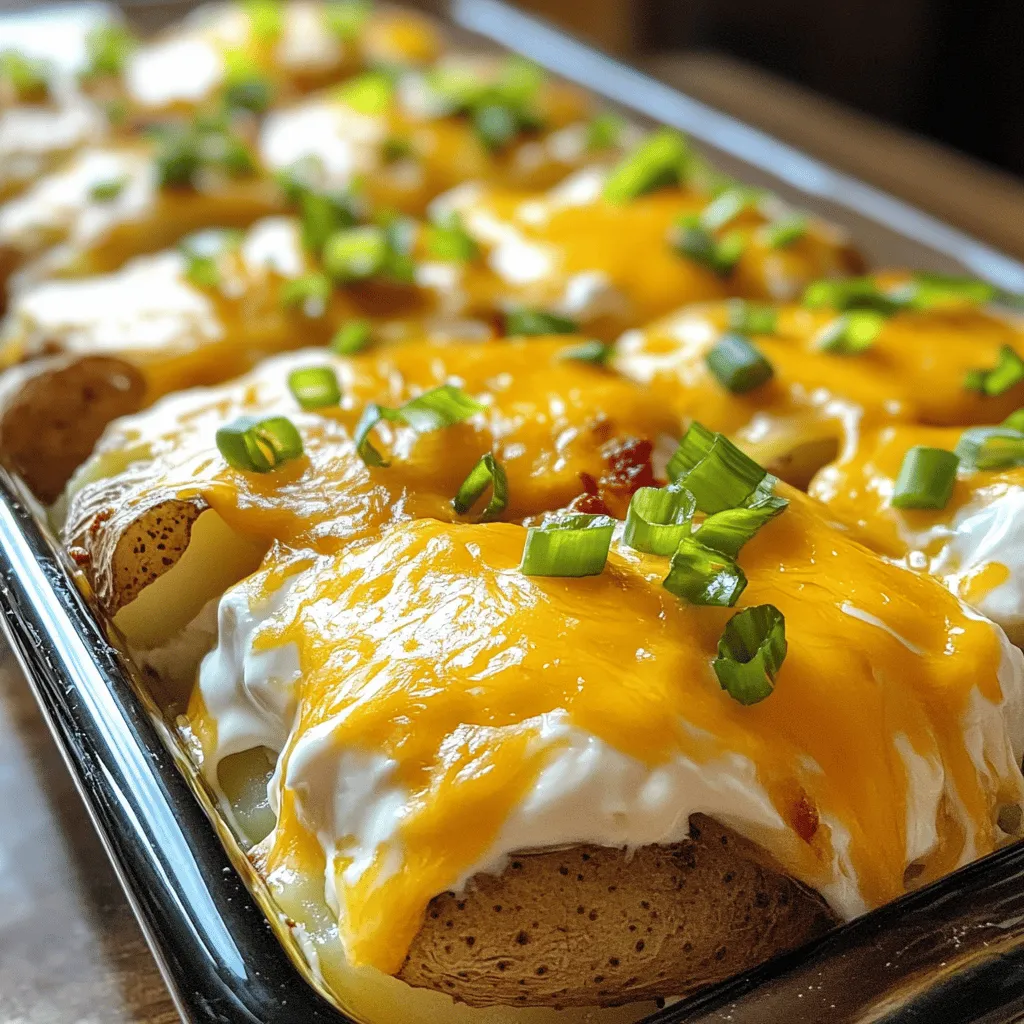 To make a great twice baked potato casserole, you need some key ingredients. Start with <strong>four large russet potatoes</strong>. They have a nice starchy texture that works well. Next, grab <strong>one cup of sour cream</strong> and <strong>half a cup of cream cheese</strong>. These add creaminess.” /></p>
</p>
<h2>What Are the Steps to Make Twice Baked Potato Casserole?</h2>
</p>
<p>To make a creamy potato casserole, you need to follow a few simple steps. First, gather your ingredients. You will need russet potatoes, sour cream, cream cheese, cheddar cheese, Parmesan cheese, green onions, garlic powder, onion powder, salt, pepper, and bacon if you like it loaded.</p>
</p>
<h3>What Is the Step-by-Step Cooking Process?</h3>
<p>1. <strong>Preheat Oven</strong>: Start by heating your oven to 400°F (200°C).</p>
<p>2. <strong>Bake Potatoes</strong>: Poke holes in the russet potatoes. Rub them with olive oil and sprinkle with salt. Bake them directly on the oven rack for 45-60 minutes. They are done when they feel soft.</p>
<p>3. <strong>Cool and Scoop</strong>: After baking, let the potatoes cool a bit. Cut each potato in half lengthwise. Scoop the insides into a bowl, leaving some flesh in the skin.</p>
<p>4. <strong>Mix Filling</strong>: In the bowl, mix the potato flesh with sour cream, cream cheese, half of the cheddar cheese, Parmesan cheese, green onions, garlic powder, onion powder, salt, and pepper. Stir until creamy.</p>
<p>5. <strong>Combine Optional Ingredients</strong>: If you want, add crumbled bacon for extra flavor.</p>
<p>6. <strong>Prepare Casserole Dish</strong>: Grease a 9×13 inch dish. Put the potato mixture back into the skins or just scoop it into the dish.</p>
<p>7. <strong>Top with Cheese</strong>: Sprinkle the rest of the cheddar cheese on top.</p>
<p>8. <strong>Bake Again</strong>: Bake for another 20-25 minutes until the cheese is golden and bubbly.</p>
<p>9. <strong>Garnish</strong>: Let it cool a little. Top with extra green onions for a fresh touch.</p>
</p>
<p>This method creates a loaded potato casserole that is both creamy and cheesy. For the complete instructions, check the Full Recipe.</p>
</p>
<h3>How to Achieve a Golden and Bubbling Cheese Top?</h3>
<p>To get a golden and bubbling top, make sure you use enough cheese. Adding freshly grated cheese works best. Bake at the right temperature and watch closely. If you want it extra crispy, broil it for a minute or two at the end. Just be careful not to burn it! This gives your creamy cheesy potato casserole that perfect look and taste.</p>
</p>
<h2>What Are Some Popular Variations of Twice Baked Potato Casserole?</h2>
</p>
<p>You can get creative with twice baked potato casserole. One popular option is adding bacon. The crispy bits give a nice crunch and a smoky flavor. You can mix in the crumbled bacon with the filling. This adds a savory touch that many love.</p>
</p>
<p>If you want a vegetarian potato casserole, skip the bacon. You can add more veggies instead. Try mixing in spinach, bell peppers, or mushrooms. These veggies not only add color but also boost the nutrition.</p>
</p>
<p>You can also play with different cheeses. Swap cheddar for gouda or pepper jack. Each cheese brings its own flavor and richness. You can even mix cheeses for a more complex taste.</p>
</p>
<p>Another fun twist is to add spices. A pinch of cayenne or paprika can add some heat. Or, try ranch seasoning for a zesty kick. These variations can make your casserole stand out.</p>
</p>
<p>You can also make this dish gluten-free easily. Just check your ingredients to ensure they are gluten-free. Most of the basic items are safe. This way, everyone can enjoy this tasty dish.</p>
</p>
<p>Overall, twice baked potato casserole offers many options. Whether you stick to the classic or try new flavors, it always turns out delicious.</p>
</p>
<p><img decoding=