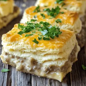 A biscuits and gravy casserole recipe shines with some key ingredients. First, you need biscuits. I recommend using flaky buttermilk biscuit dough. These biscuits bake up light and fluffy. They soak up the gravy well and add great texture.