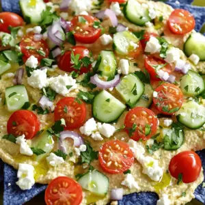 Mediterranean hummus nachos mix fun and fresh flavors. These nachos use blue corn tortilla chips as a base. The chips hold up well against the creamy hummus dip. Hummus is made from chickpeas, which are healthy and tasty.