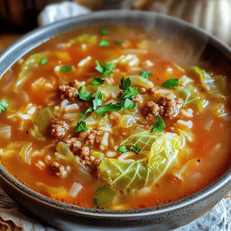 Cabbage Roll Soup is a delightful and comforting dish that encapsulates the essence of traditional cabbage rolls in a simplified, easy-to-make soup form. This recipe takes all the beloved flavors of stuffed cabbage and transforms them into a warm, nourishing bowl that is perfect for family dinners or meal prep. With its robust flavors and hearty ingredients, Cabbage Roll Soup not only satisfies the palate but also warms the soul, making it an ideal meal for cold weather or when you simply need a comforting dish.