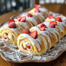 Strawberry cheesecake sweet rolls are a unique and tasty treat. They combine soft, fluffy dough with a creamy cheesecake filling. The filling has fresh strawberries that add a burst of flavor. You bake them until golden and then drizzle with a sweet glaze.