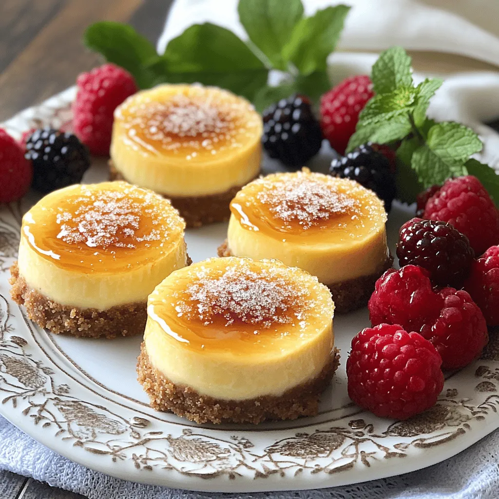 Mini crème brûlée cheesecakes blend two classic desserts into one delightful treat. They combine creamy cheesecake with a crispy sugar topping. This dessert looks fancy but is easy to make at home. Each cheesecake fits perfectly in a muffin tin, giving you individual servings. This makes them great for parties or special events.