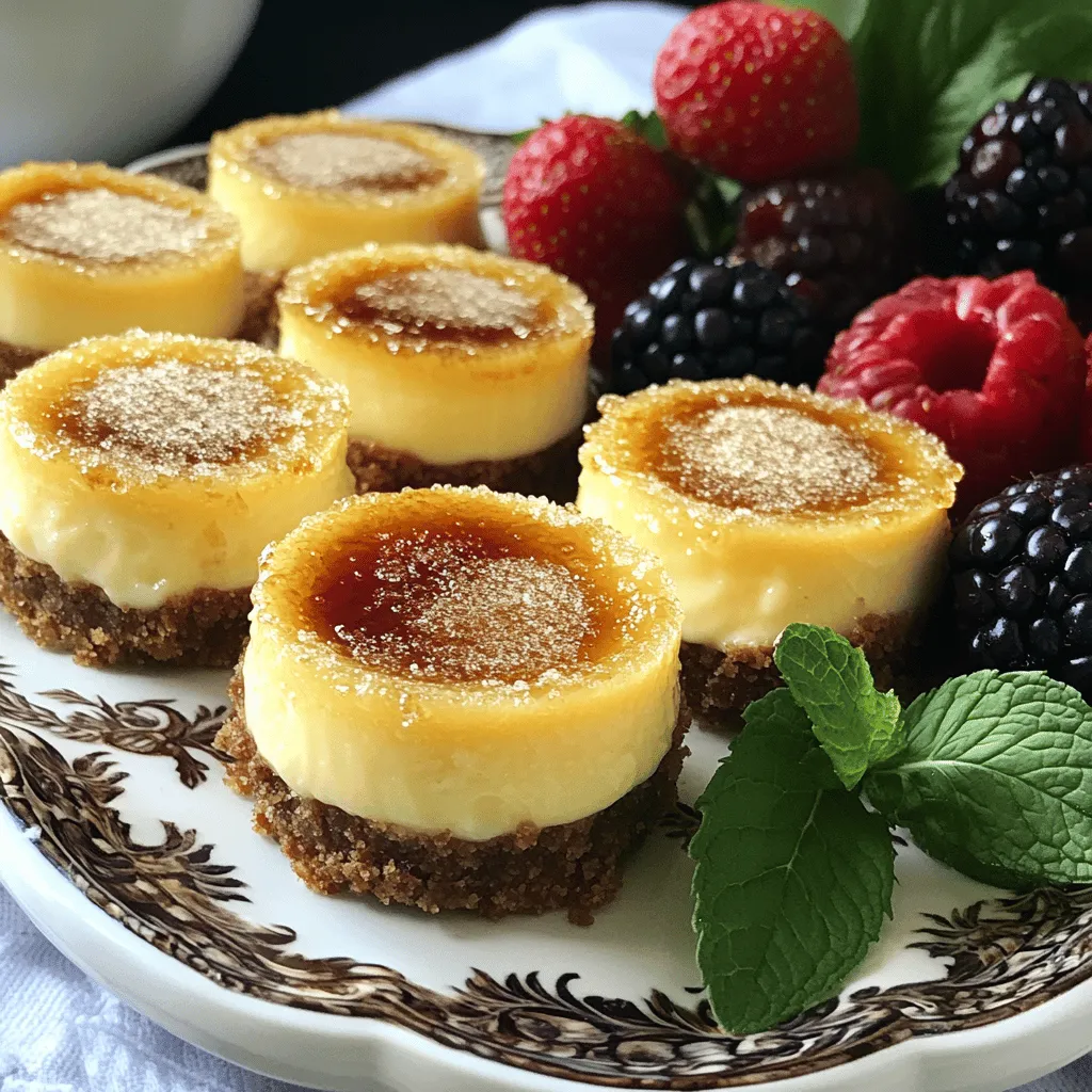 Mini crème brûlée cheesecakes blend two classic desserts into one delightful treat. They combine creamy cheesecake with a crispy sugar topping. This dessert looks fancy but is easy to make at home. Each cheesecake fits perfectly in a muffin tin, giving you individual servings. This makes them great for parties or special events.