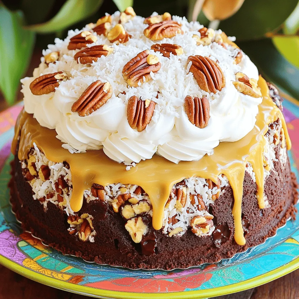 The German chocolate poke cake recipe has simple yet key ingredients. You start with a box of German chocolate cake mix. This mix gives the cake its rich, chocolate flavor. You’ll also need water, vegetable oil, and eggs to prepare the batter. These ingredients are common and easy to find.