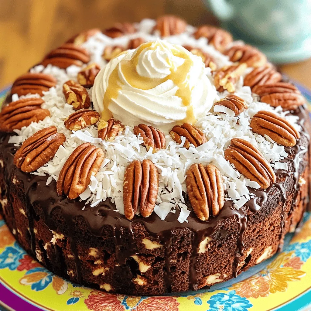 The German chocolate poke cake recipe has simple yet key ingredients. You start with a box of German chocolate cake mix. This mix gives the cake its rich, chocolate flavor. You’ll also need water, vegetable oil, and eggs to prepare the batter. These ingredients are common and easy to find.