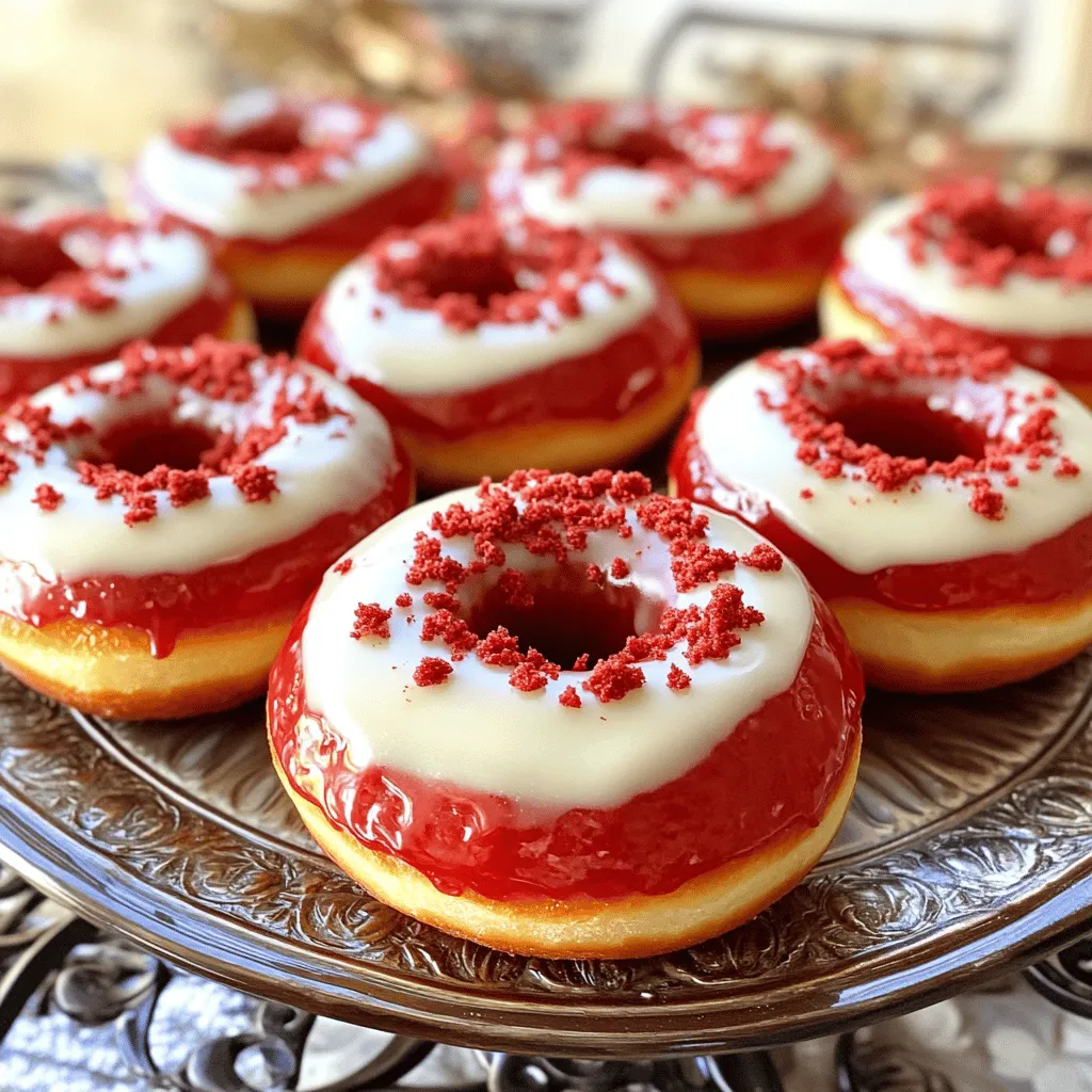 Red velvet donuts have a rich, deep red color. This color comes from cocoa powder and red food coloring. The flavor is a mix of chocolate and vanilla. Each bite is soft and moist. The cream cheese glaze adds a sweet, tangy finish.