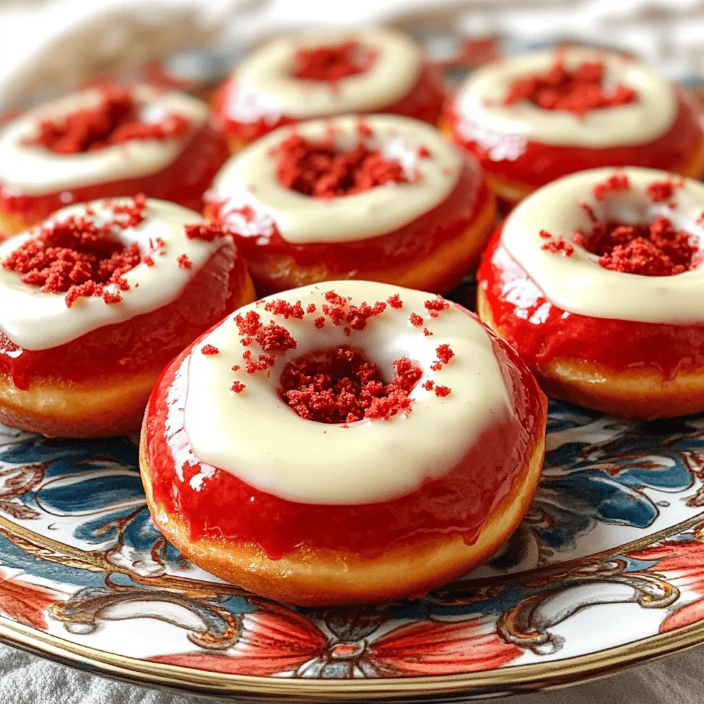 Red velvet donuts have a rich, deep red color. This color comes from cocoa powder and red food coloring. The flavor is a mix of chocolate and vanilla. Each bite is soft and moist. The cream cheese glaze adds a sweet, tangy finish.