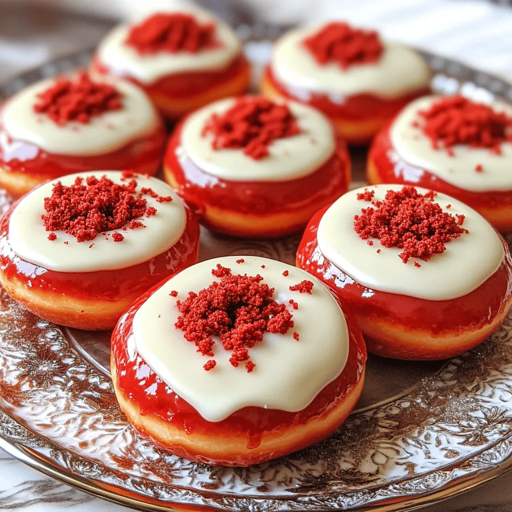 Red velvet donuts have a rich, deep red color. This color comes from cocoa powder and red food coloring. The flavor is a mix of chocolate and vanilla. Each bite is soft and moist. The cream cheese glaze adds a sweet, tangy finish.