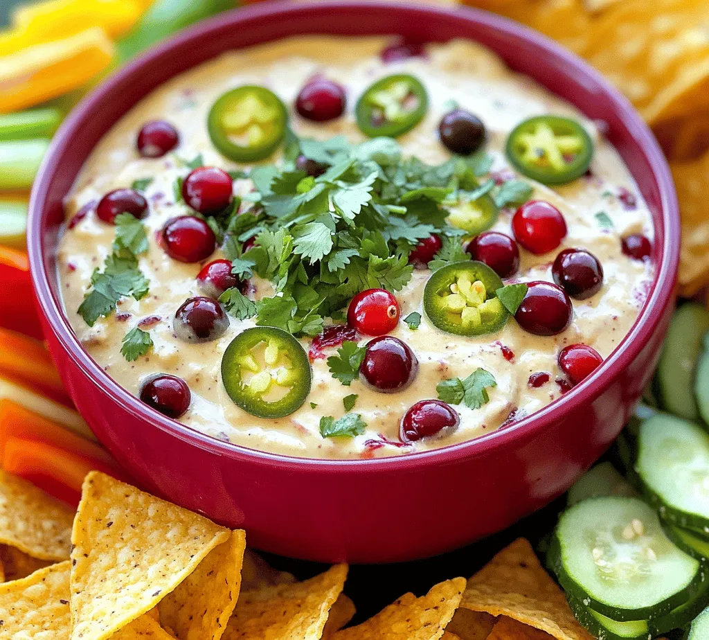 When it comes to creating the perfect atmosphere for gatherings and celebrations, the right dip can make all the difference. Among the many options available, the <strong>Creamy Cranberry Jalapeño Dip</strong> stands out as a unique and enticing choice that combines a delightful medley of flavors. This dip offers a tantalizing blend of tartness from fresh cranberries, rich creaminess from dairy ingredients, and a spicy kick from jalapeños.” /></p>
</p>
<h3>Caloric Content</h3>
</p>
<p>Understanding the caloric content of your dishes is essential, especially when entertaining guests or simply trying to manage your dietary intake. The Creamy Cranberry Jalapeño Dip is a delightful combination of flavors and textures that can fit into various dietary plans. On average, a serving size (about 2 tablespoons) of this dip contains approximately 80-100 calories. This number can vary slightly based on the specific ingredients you choose, particularly the type of cream cheese or cheese alternatives used.</p>
</p>
<h3>Key Vitamins and Minerals from Cranberries and Other Ingredients</h3>
</p>
<p>Cranberries are not only delicious but also pack a nutritional punch. They are rich in vitamin C, which supports the immune system, and contain antioxidants that contribute to overall health. Additionally, cranberries are a good source of dietary fiber, crucial for digestive health.</p>
</p>
<p>Jalapeños, while known for their spice, also provide a range of health benefits. They contain vitamins A and C, as well as capsaicin, which can boost metabolism and may even help in pain relief.</p>
</p>
<p>Other ingredients like cream cheese provide calcium, while any herbs or spices you add will offer their own health benefits. Overall, this dip is not just a treat for your palate but also a nourishing option that adds some beneficial nutrients to your gatherings.</p>
</p>
<h3>Discussion on Portion Sizes</h3>
</p>
<p>When serving the Creamy Cranberry Jalapeño Dip, it’s essential to consider portion sizes. While it can be tempting to indulge, moderation is key. A serving size of 2 tablespoons is ample for enjoying the dip without overdoing it on calories. If you’re serving it at a gathering, consider providing small bowls for individual servings to help guests manage their intake without feeling deprived of flavor.</p>
</p>
<h3>Pairing Suggestions</h3>
</p>
<h4>Ideal Accompaniments for Serving the Dip</h4>
</p>
<p>Pairing your Creamy Cranberry Jalapeño Dip with the right accompaniments can elevate the experience, making it a memorable part of any gathering. Here are some delicious options:</p>
</p>
<p>– <strong>Tortilla Chips</strong>: Consider both baked and fried varieties. Baked tortilla chips are a healthier option, offering a satisfying crunch without extra oil. Fried chips provide a richer flavor and texture, which can complement the creaminess of the dip. For added flair, consider flavored tortilla chips, such as lime or chili, to enhance the overall taste experience.</p>
</p>
<p>– <strong>Sliced Veggies</strong>: Incorporating fresh produce like cucumber, bell peppers, and carrots not only adds color to your serving platter but also provides a healthy crunch. Fresh veggies are low in calories and high in vitamins, making them a guilt-free option for dipping.</p>
</p>
<p>– <strong>Creative Serving Ideas for Different Occasions</strong>: This dip is incredibly versatile and can be adapted for various occasions. For game day, serve it in a hollowed-out bread bowl, surrounded by crusty bread pieces for dipping. For holiday gatherings, present it in a festive dish garnished with fresh herbs, creating a visually appealing centerpiece. For casual get-togethers, serve it on a charcuterie board alongside cheeses, nuts, and fruits for a balanced snack option.</p>
</p>
<h3>Flavor Variations and Customizations</h3>
</p>
<p>While the original Creamy Cranberry Jalapeño Dip is delightful on its own, there are numerous ways to customize it to suit your taste preferences or dietary needs:</p>
</p>
<p>– <strong>Suggestions for Ingredient Swaps and Additions</strong>: For those looking to experiment, consider replacing the cream cheese with Greek yogurt for a tangy twist and added protein. You can also incorporate sour cream or a dairy-free alternative to suit vegan diets.</p>
</p>
<p>– <strong>Alternative Sweeteners</strong>: If you prefer a sweeter dip, try adding agave nectar or maple syrup instead of sugar. These natural sweeteners can enhance the cranberry’s tartness without overpowering the overall flavor.</p>
</p>
<p>– <strong>Different Types of Cheese for Varying Creaminess</strong>: Experiment with different cheeses, such as goat cheese for a tangy flavor or cheddar for a sharper taste. Cream cheese blends well, but don’t hesitate to mix in a bit of mozzarella for extra creaminess.</p>
</p>
<p>– <strong>Incorporating Herbs and Spices for Additional Flavor Profiles</strong>: Fresh herbs like cilantro or parsley can add brightness, while spices like cumin or smoked paprika can bring depth to the dip. Feel free to experiment with these additions to create a unique flavor profile that resonates with your personal taste.</p>
</p>
<p>– <strong>Gluten-Free and Vegan Adaptation Options</strong>: For a gluten-free version, ensure that all your accompaniments are certified gluten-free. For vegan adaptations, use plant-based cream cheese and substitute honey with maple syrup or agave nectar.</p>
</p>
<h3>Cultural Significance of Ingredients</h3>
</p>
<p>The ingredients in the Creamy Cranberry Jalapeño Dip hold cultural significance that reflects a blend of traditions, particularly in American cuisine.</p>
</p>
<p>– <strong>Exploring the Origins of Cranberries and Jalapeños</strong>: Cranberries are native to North America and have been used by Indigenous peoples for centuries, not only as food but also for their medicinal properties. Jalapeños, on the other hand, are a staple in Mexican cuisine. Their spicy flavor is a significant part of many dishes, making them a natural addition to a dip that celebrates the fusion of cultures.</p>
</p>
<p>– <strong>The Dip’s Place in Contemporary American Cuisine</strong>: This dip embodies a contemporary American culinary trend of combining sweet and spicy flavors, appealing to diverse palates. It showcases how traditional ingredients can be reinvented in modern contexts, making it a popular choice for gatherings, potlucks, and parties.</p>
</p>
<p>– <strong>How This Dip Reflects Seasonal Eating and Festive Gatherings</strong>: The vibrant colors and flavors of this dip make it a perfect representation of seasonal eating. Cranberries are especially associated with fall and winter, often featured in holiday meals. Serving this dip at festive gatherings honors the tradition of sharing food and celebrating togetherness.</p>
</p>
<h3>Conclusion</h3>
</p>
<p>The Creamy Cranberry Jalapeño Dip is a unique blend of flavors and textures that not only pleases the palate but also brings a vibrant touch to any table. Its versatility allows it to shine at various occasions, from casual get-togethers to festive celebrations. With its nutritional benefits, creative pairing options, and customizability, this dip is truly a delightful addition to your culinary repertoire.</p>
</p>
<p>Encouraging you to try this recipe and share it with friends and family, it’s a chance to create moments filled with joy and connection. The act of sharing delicious food is a timeless tradition that fosters community and brings people together. So, gather your ingredients, make some dip, and enjoy the experience of sharing great flavors and creating memorable moments around the table.</p>
</div>