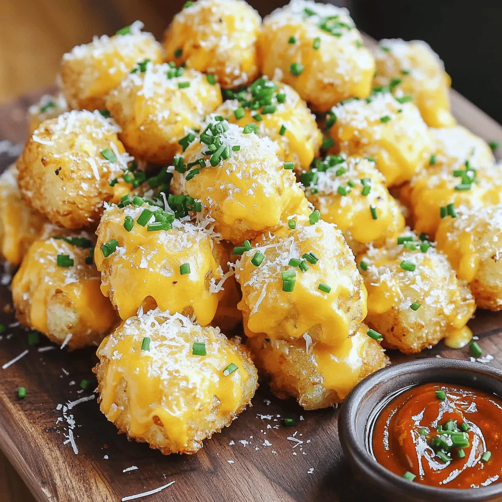 When making cheesy tater tots, the right ingredients matter. You need just a few key items to create that perfect snack. The base is frozen tater tots. They save time and bring great flavor. You also need shredded cheddar cheese and grated Parmesan cheese. These cheeses melt beautifully and add rich taste.