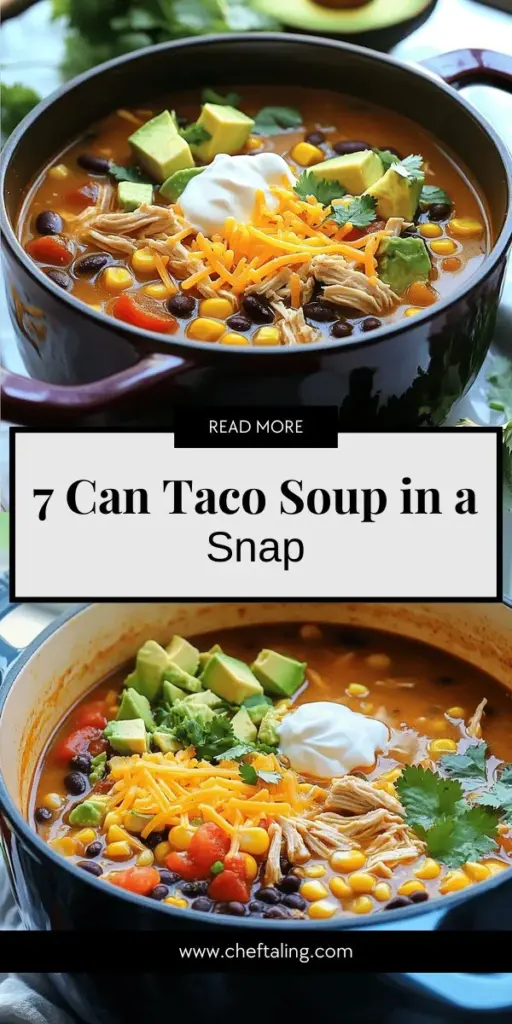 Discover the ultimate weeknight solution with my 7 Can Chicken Taco Soup! This quick and easy meal is prepared using just seven canned ingredients, making it a lifesaver for busy nights. In about 30 minutes, you can whip up a nutritious, family-friendly dish that everyone will love. Get ready to dive into this delightful recipe and impress your family with minimal effort. Click through to explore the full recipe and add a new favorite to your dinner lineup!