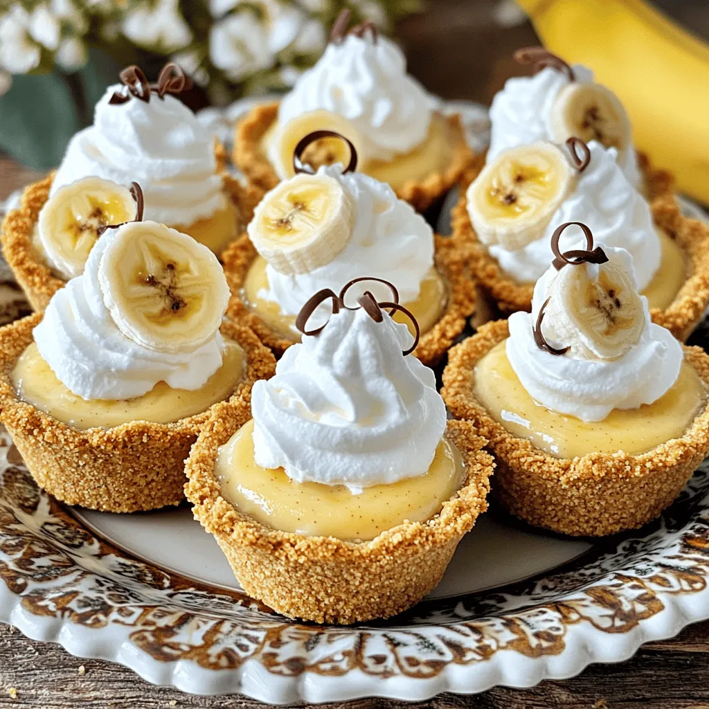 To make a great mini banana cream pie, you need a few key ingredients. The first item is the crust. For the crust, you need graham cracker crumbs, melted unsalted butter, and sugar. These three create a sweet and crunchy base for your pie. Press the mixture into your muffin tin to form mini crusts.