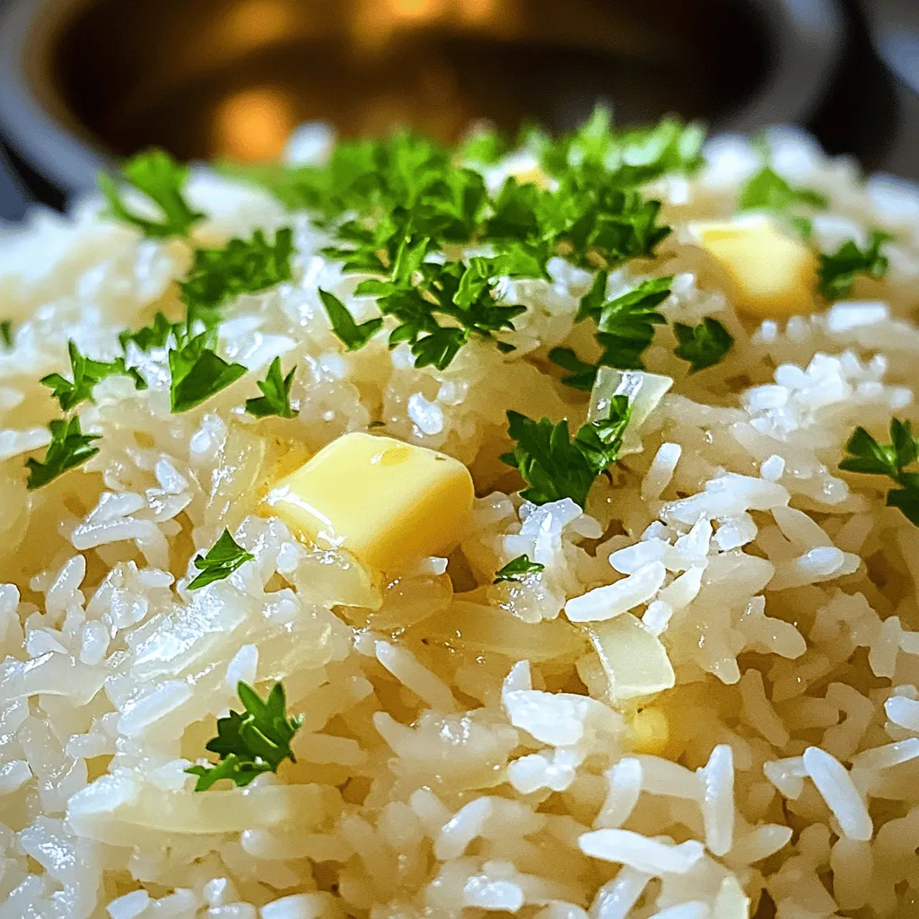 For this dish, the main butter rice ingredients are simple but pack a lot of flavor. You need two cups of white rice, like long-grain or basmati. This rice has a nice texture and cooks well. Next, you want four cups of chicken or vegetable broth. Low-sodium broth works best for control over salt.