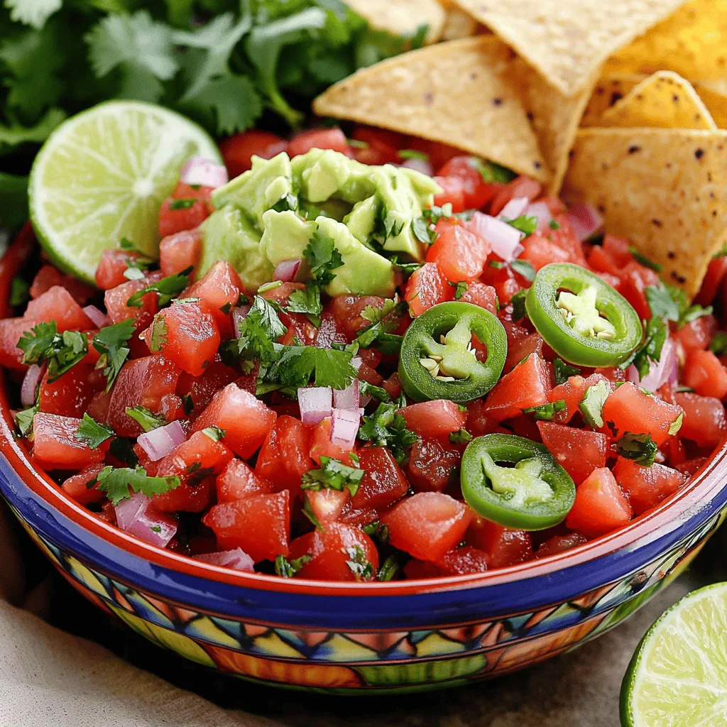 Pico de Gallo is a fresh salsa made with simple ingredients. You need ripe tomatoes, onion, jalapeños, cilantro, and lime juice. This mix creates a bright and zesty flavor.