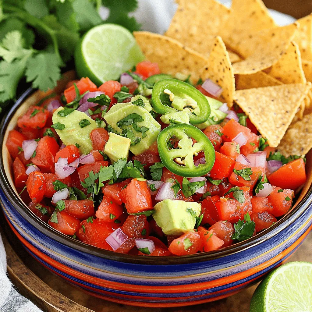 Pico de Gallo is a fresh salsa made with simple ingredients. You need ripe tomatoes, onion, jalapeños, cilantro, and lime juice. This mix creates a bright and zesty flavor.