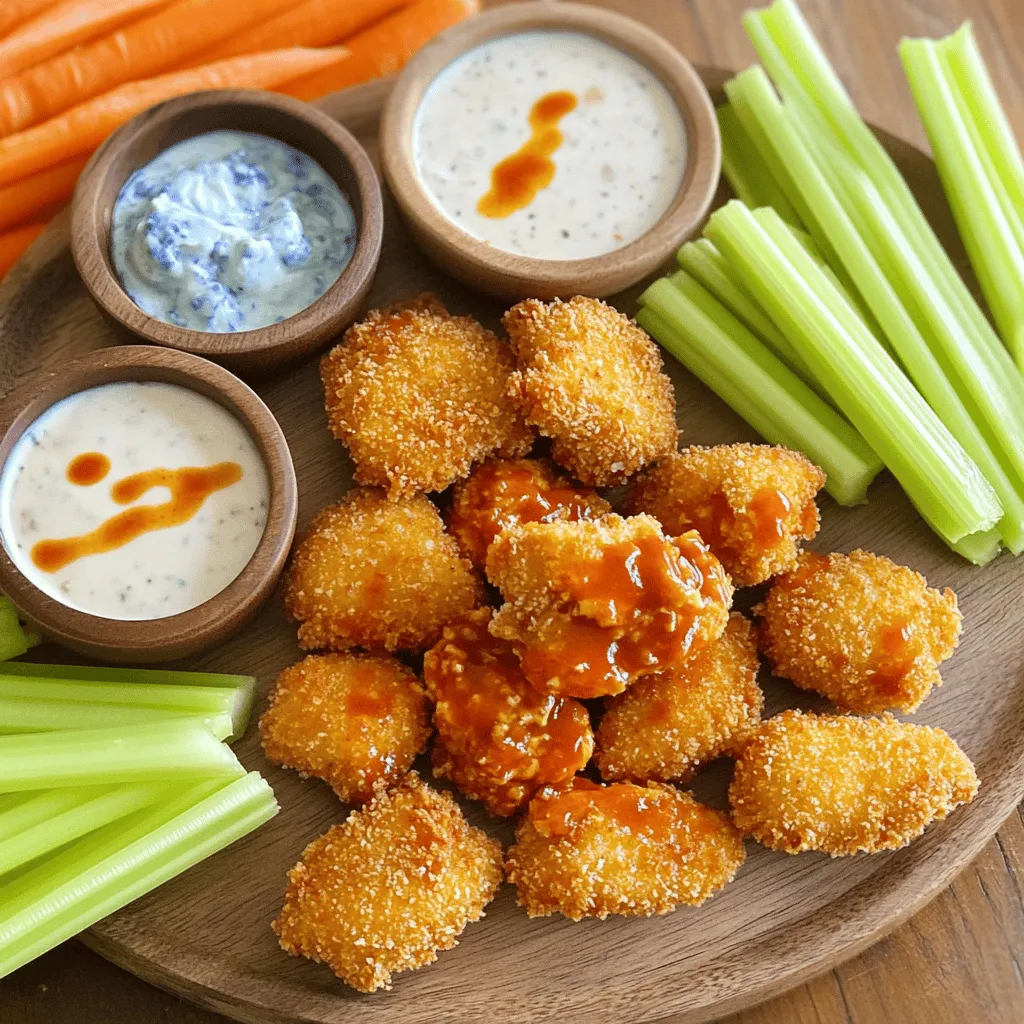 To make homemade buffalo chicken nuggets, you need a few key ingredients. Start with <strong>1 pound of chicken breast</strong>. Cut it into bite-sized pieces. This ensures even cooking. You will also need <strong>1 cup of all-purpose flour</strong>. This helps create a crispy coating.” /></p>
</p>
<h2>What Cooking Methods Can You Use for Buffalo Chicken Nuggets?</h2>
</p>
<p>You can cook Buffalo Chicken Nuggets in several ways. Each method offers a unique taste and texture. Here are the main options:</p>
</p>
<h3>Can You Cook Them in an Air Fryer?</h3>
</p>
<p>Yes, you can use an air fryer for these nuggets. Simply preheat your air fryer to 400°F (200°C). Place the breaded chicken nuggets in a single layer. Cook for about 10 to 12 minutes, flipping halfway through. This method keeps them crispy without much oil. You still get the classic flavor of Buffalo Chicken Nuggets but with less fat.</p>
</p>
<h3>How Do You Bake Buffalo Chicken Nuggets?</h3>
</p>
<p>Baking is another great option. Preheat your oven to 425°F (220°C). Place the breaded nuggets on a baking sheet. Make sure they are not touching. Bake them for 15 to 20 minutes or until golden brown. Halfway through, flip the nuggets for even cooking. Baking makes them a bit healthier while still being tasty.</p>
</p>
<h3>What Are Other Cooking Techniques to Consider?</h3>
</p>
<p>You can also pan-fry or deep-fry the nuggets. For pan-frying, heat oil in a skillet over medium heat. Add the nuggets and cook for about 4 to 5 minutes per side. Use a meat thermometer to check for a safe internal temperature of 165°F (74°C). Deep-frying gives you that crispy crust everyone loves. Just be careful with the hot oil.</p>
</p>
<p>Each method has its perks. Depending on your time and health goals, you can choose the best one for you. For the full recipe, check the link.</p>
</p>
<h2>What Are the Best Serving Suggestions for Buffalo Chicken Nuggets?</h2>
</p>
<p>Buffalo chicken nuggets shine when served with the right sides and sauces. You want to make every bite a delight.</p>
</p>
<h3>What Dipping Sauces Pair Well with Buffalo Chicken Nuggets?</h3>
</p>
<p>For dipping, ranch and blue cheese are the top choices. They cool down the heat of the Buffalo sauce. You can also try honey mustard or barbecue sauce for a sweet twist. These sauces add flavor and make eating more fun.</p>
</p>
<h3>How Should You Serve Them for Parties?</h3>
</p>
<p>When serving at parties, arrange the nuggets on a large platter. Add celery and carrot sticks for crunch. Place small bowls of dipping sauces around the nuggets. This layout invites guests to grab and dip. Make it easy for everyone to enjoy. You can even serve them in cute cups for a fun touch.</p>
</p>
<h3>What Side Dishes Complement This Recipe?</h3>
</p>
<p>Pair these nuggets with classic sides like fries or tater tots. A fresh salad adds a light touch. You can also serve them with coleslaw for a tangy crunch. These sides balance the rich flavors of the nuggets. Each bite will be a hit with family and friends.</p>
</p>
<p><img decoding=