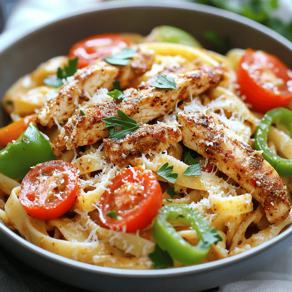 Cajun chicken pasta is a delightful dish that shines with bold flavors. The key ingredients turn this meal into a creamy cajun chicken pasta. You need two boneless, skinless chicken breasts for protein. Cajun seasoning adds a spicy kick that makes this dish special. Olive oil helps to cook the chicken and sauté the vegetables.