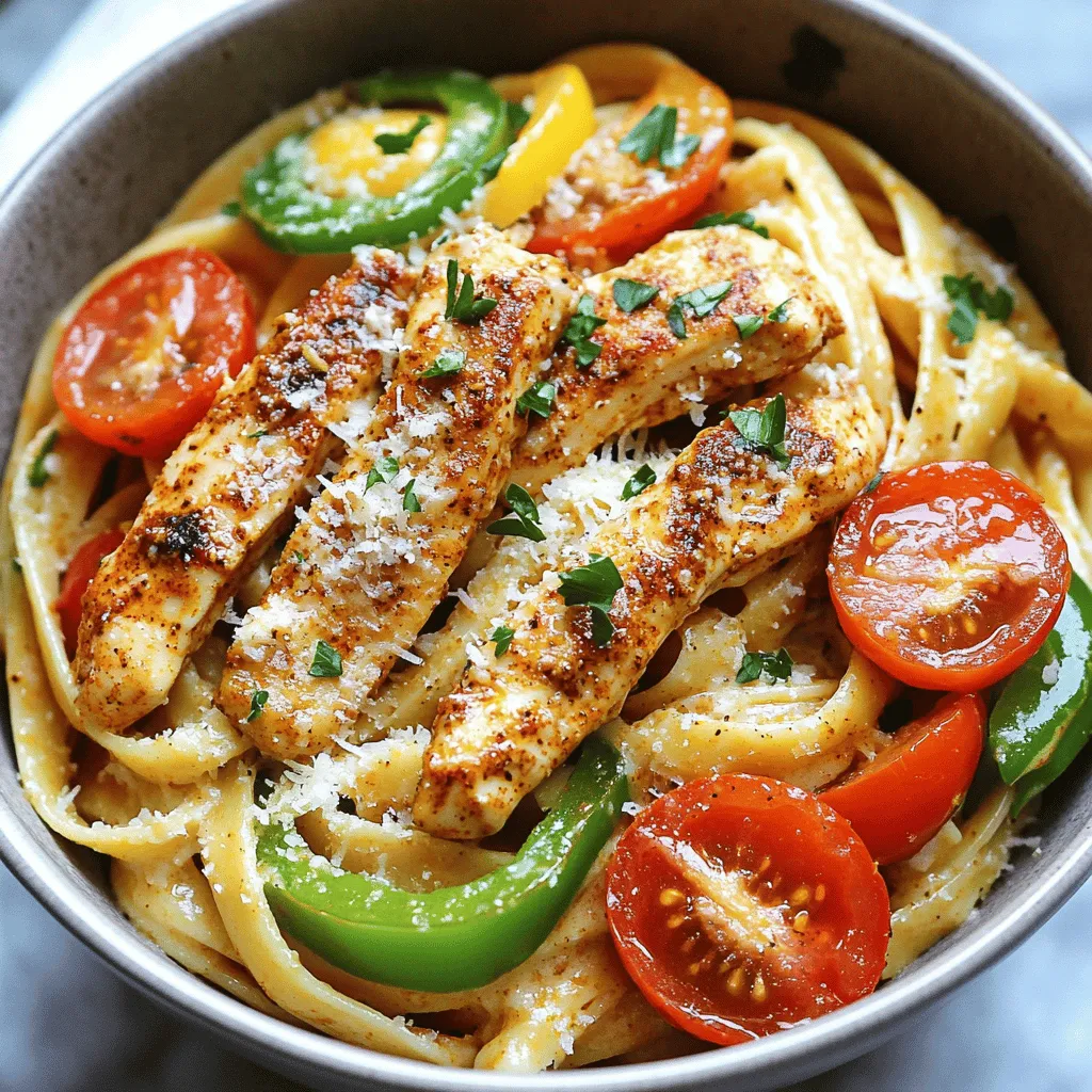 Cajun chicken pasta is a delightful dish that shines with bold flavors. The key ingredients turn this meal into a creamy cajun chicken pasta. You need two boneless, skinless chicken breasts for protein. Cajun seasoning adds a spicy kick that makes this dish special. Olive oil helps to cook the chicken and sauté the vegetables.